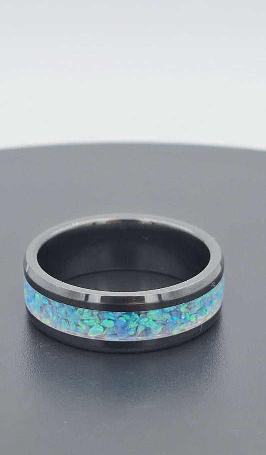 Custom Handmade Black Ceramic 8mm Ring With Crushed Opals - Size 12