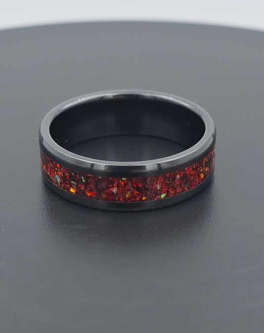 Custom Handmade Black Ceramic 8mm Ring With Crushed Opals - Size 15