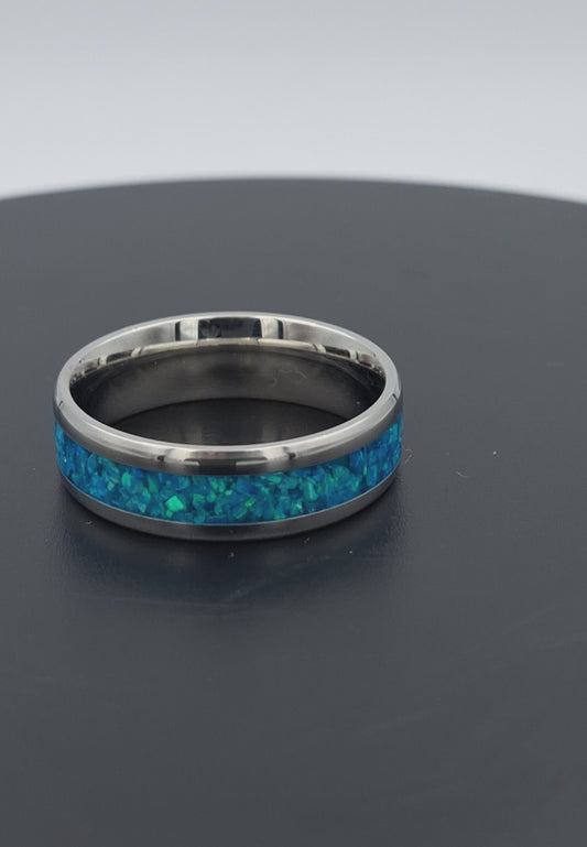 Custom Handmade Stainless Steel 8mm Ring With Crushed Opals - Size 15