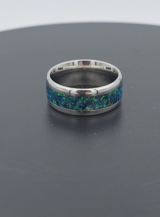 Custom Handmade Stainless Steel 8mm Ring With Crushed Opals - Size 8