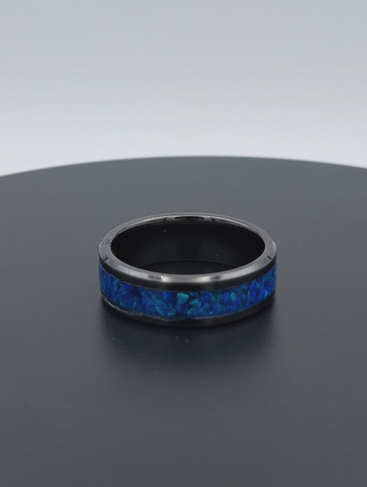 Custom Handmade Black Ceramic 8mm Ring With Crushed Opals - Size 13