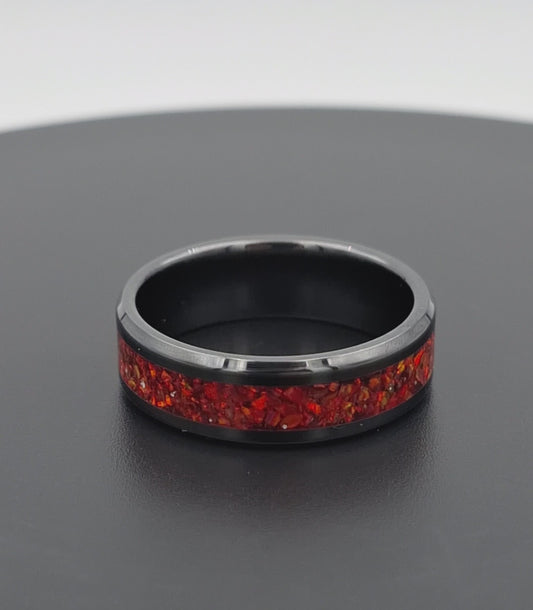 Black Ceramic 8mm Ring With Crushed Opals - Size 14