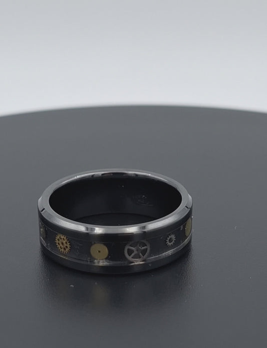 Black Ceramic 8mm Ring With  Clock Components - Size 11