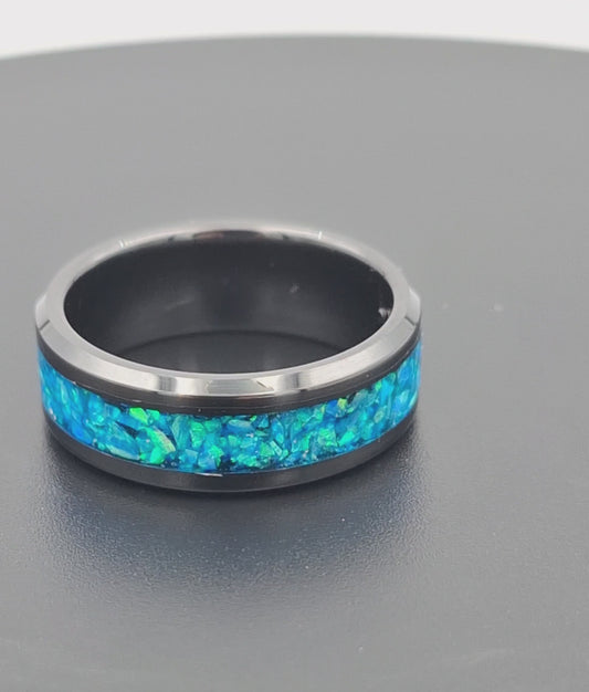 Black Ceramic 8mm Ring With Crushed Opals - Size 10