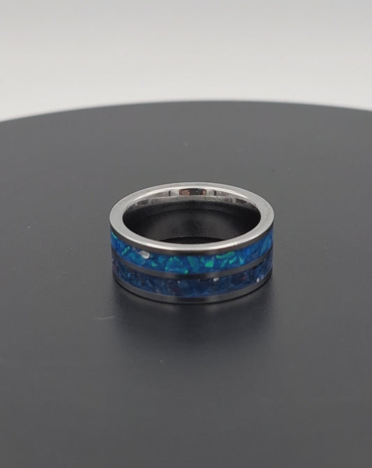 Custom Handmade 2 Core Stainless Steel 8mm Ring With Crushed Opals - Size 7
