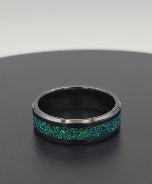 Custom Handmade Black Ceramic 8mm Ring With Crushed Opals - Size 14