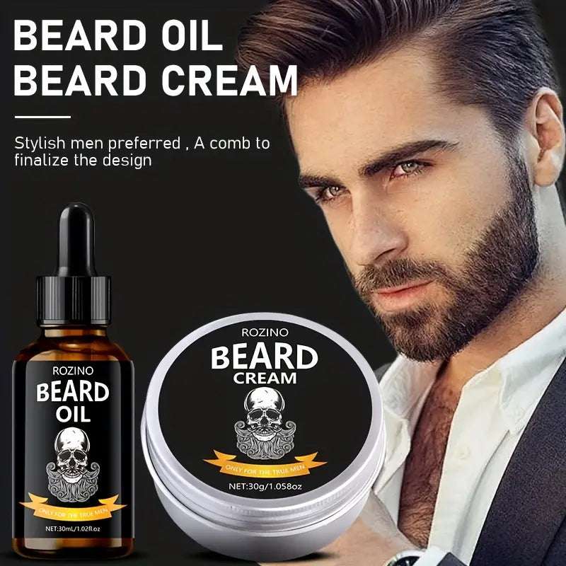 3pcs Beard Essential Oil Balm And Brush Combination Set