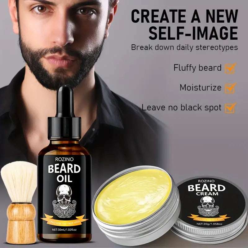 3pcs Beard Essential Oil Balm And Brush Combination Set