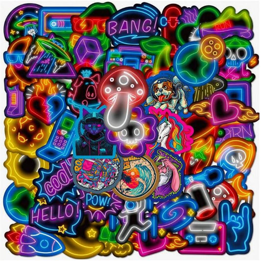 Decorative Stickers 50pcs Neon Stickers, Cool Neon Light Brand Stickers For Suitcase, Water Bottle, Motorcycle, Graffiti Stickers