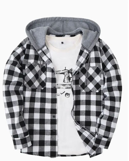 Fashionable Design Men's Plaid Pattern Hooded Long Sleeve Button Up Shirt - Little Tokyo SA