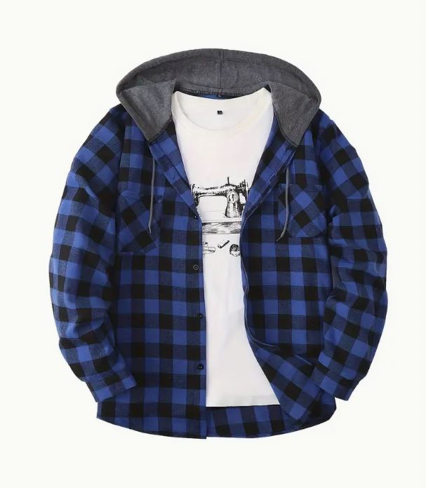 Fashionable Design Men's Plaid Pattern Hooded Long Sleeve Button Up Shirt - Little Tokyo SA