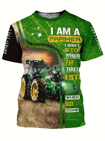 Graphic Letter Tractor Print Crew Neck Short Sleeve T-Shirt - Little Tokyo SA