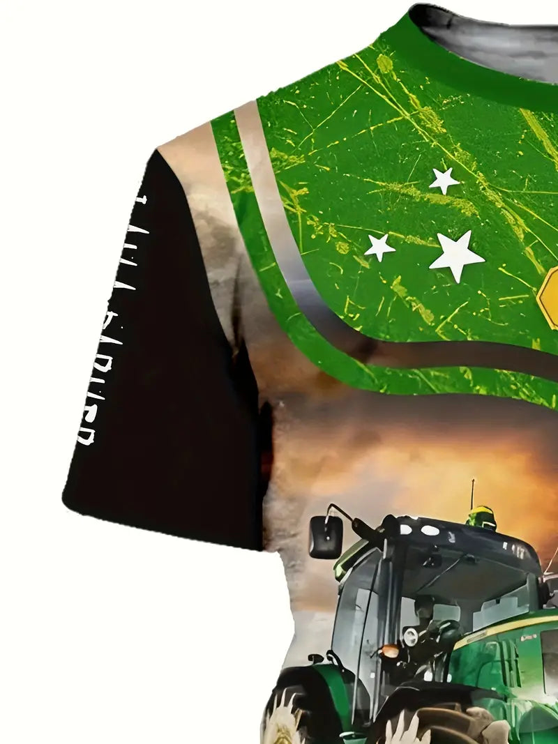 Graphic Letter Tractor Print Crew Neck Short Sleeve T-Shirt - Little Tokyo SA