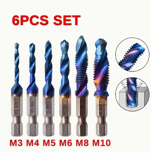 Screw Thread Bit 6pcs Titanium Plated Hex Shank HSS Screw Thread Metric Tap Drill Bits