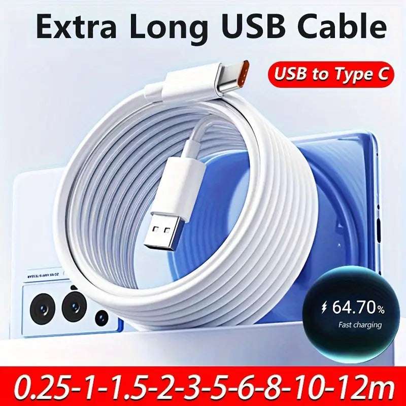 Extra Long 12Meter USB-C Fast Charging Cable for Samsung Galaxy S24 S23 S22 Xiaomi 13 Redmi Huawei Honor OPPO VIVO Oneplus
